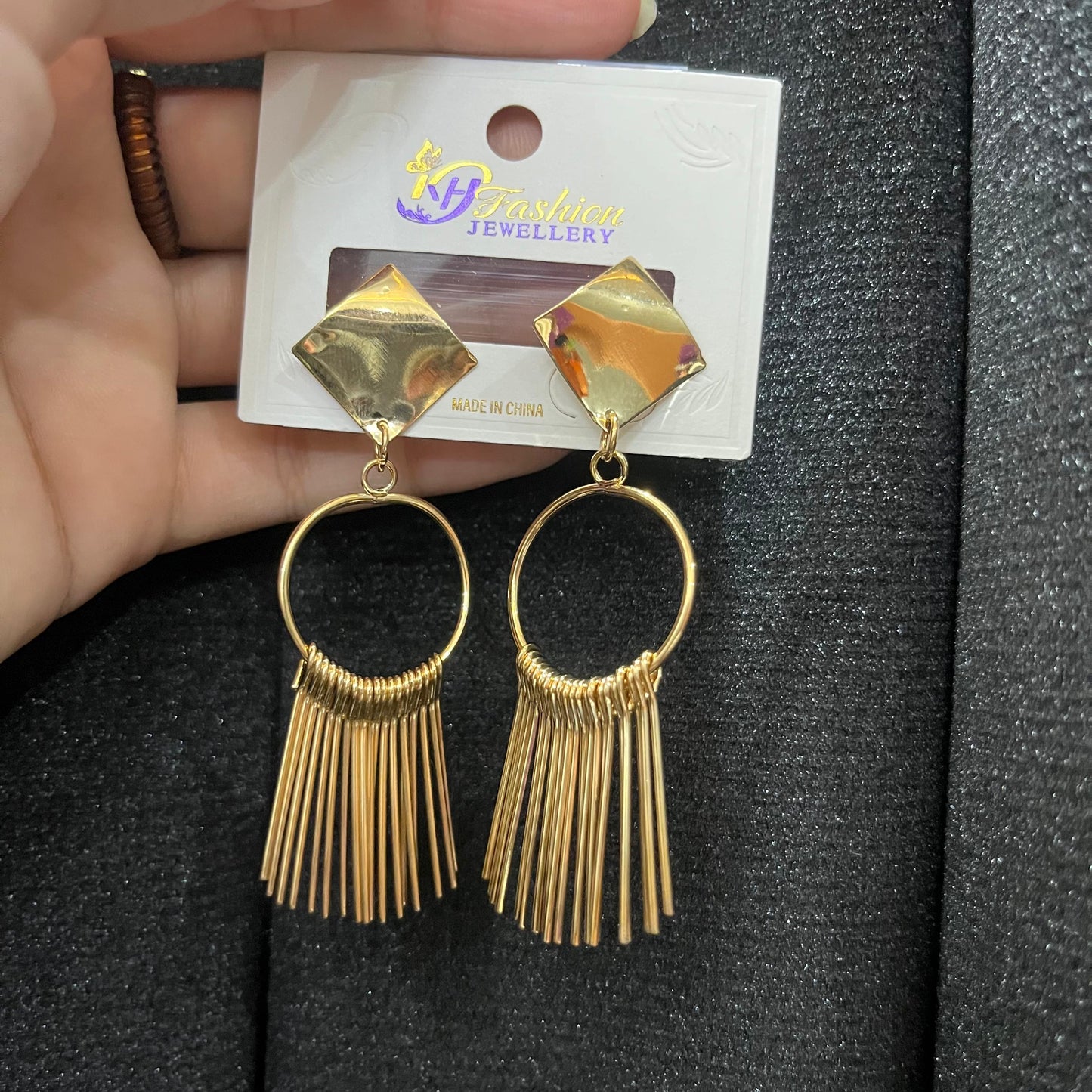 Bold Gold Tone Square Stud & Fringe Tassel Drop Earrings