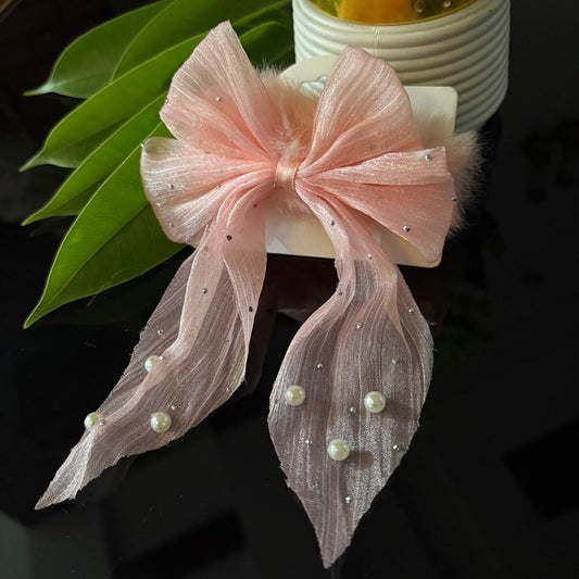 Delicate Pink Net Bow Hair Clip with Pearls and Rhinestones