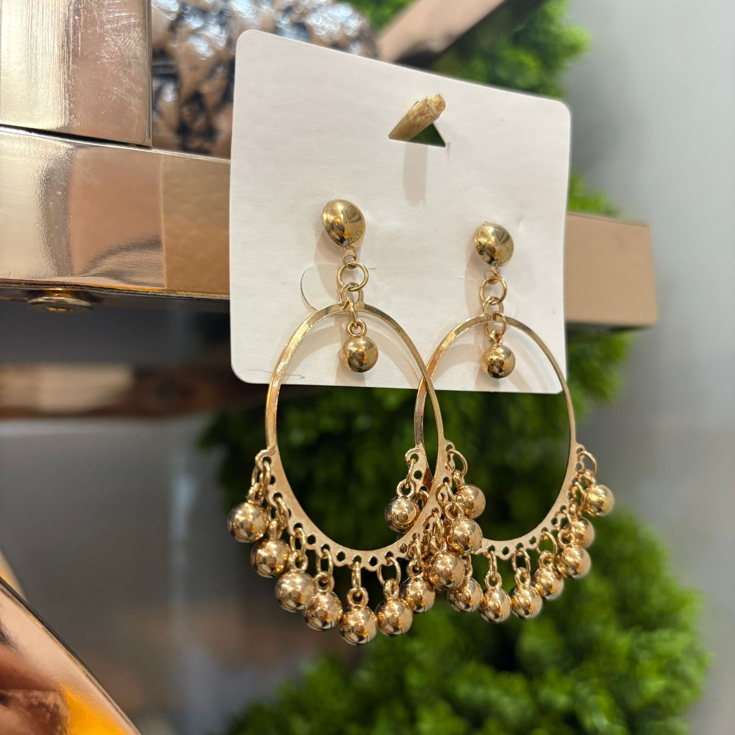 Large Golden Hoop Earrings with Suspended Ball Fringe