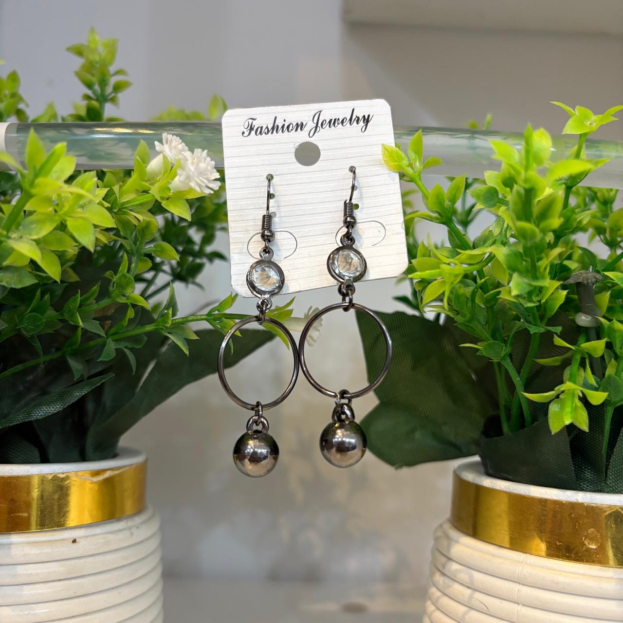 Sleek Dark Gunmetal Dangle Earrings with Crystal and Sphere