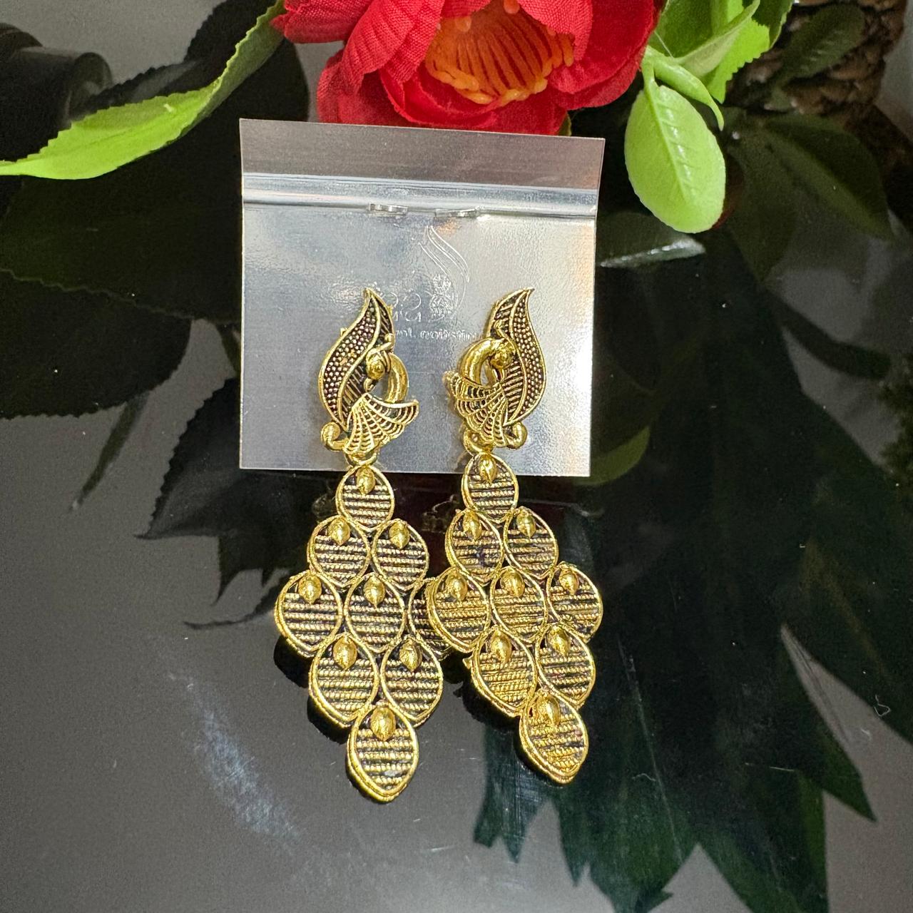Oxidized Gold-Finish Tiered Dangle Earrings with Traditional Motifs