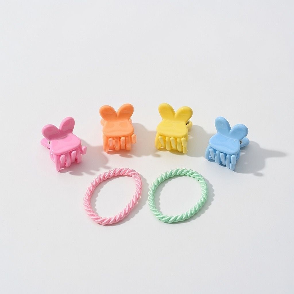 Pastel Bunny Hair Clips & Soft Elastic Bands Set (8 Pcs)
