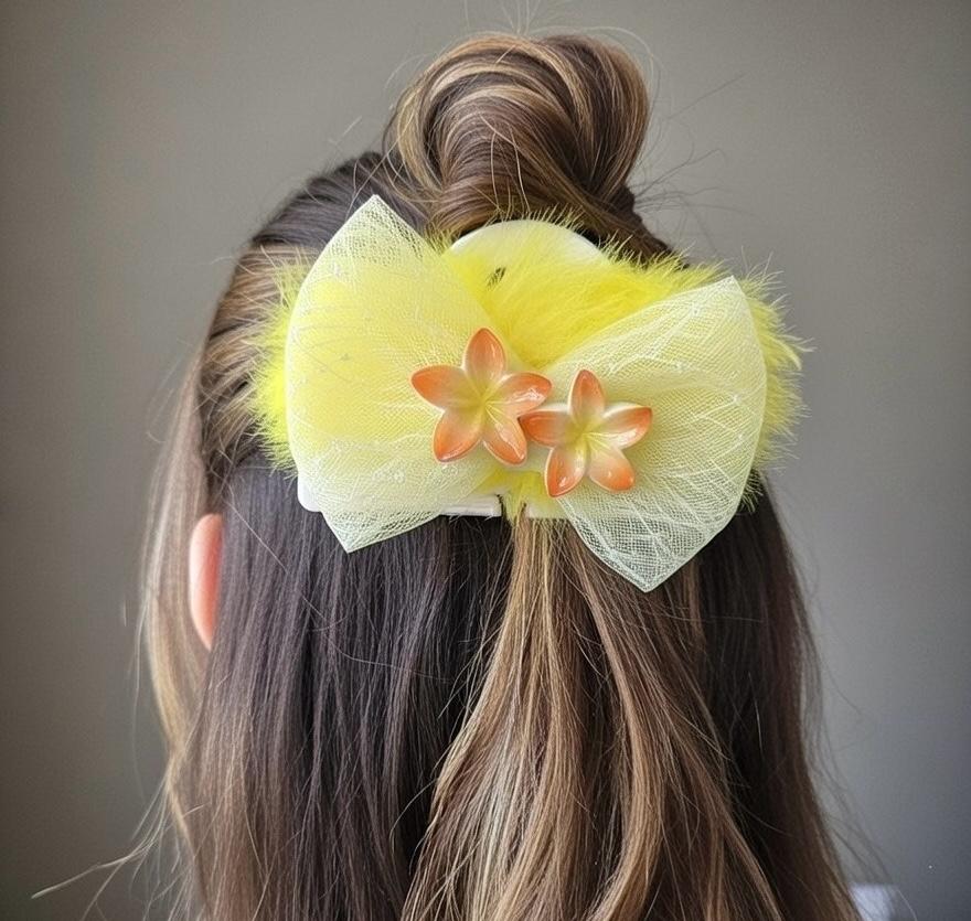 Sunshine Yellow Fluffy Bow Hair Clip with Flowers & Beaded Droplets