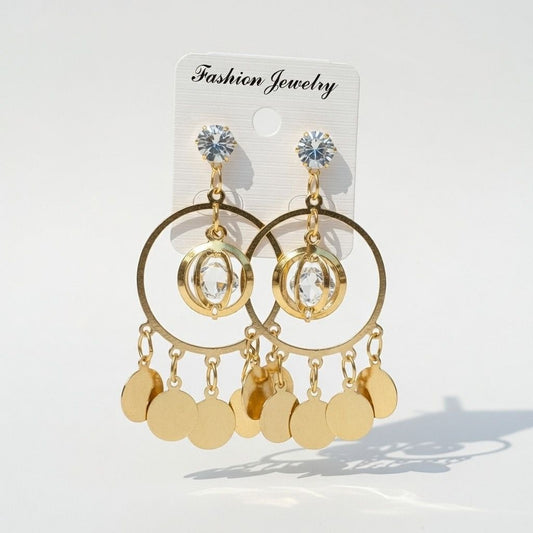 Bohemian Golden Hoop Earrings with Crystal Cage & Coin Charms