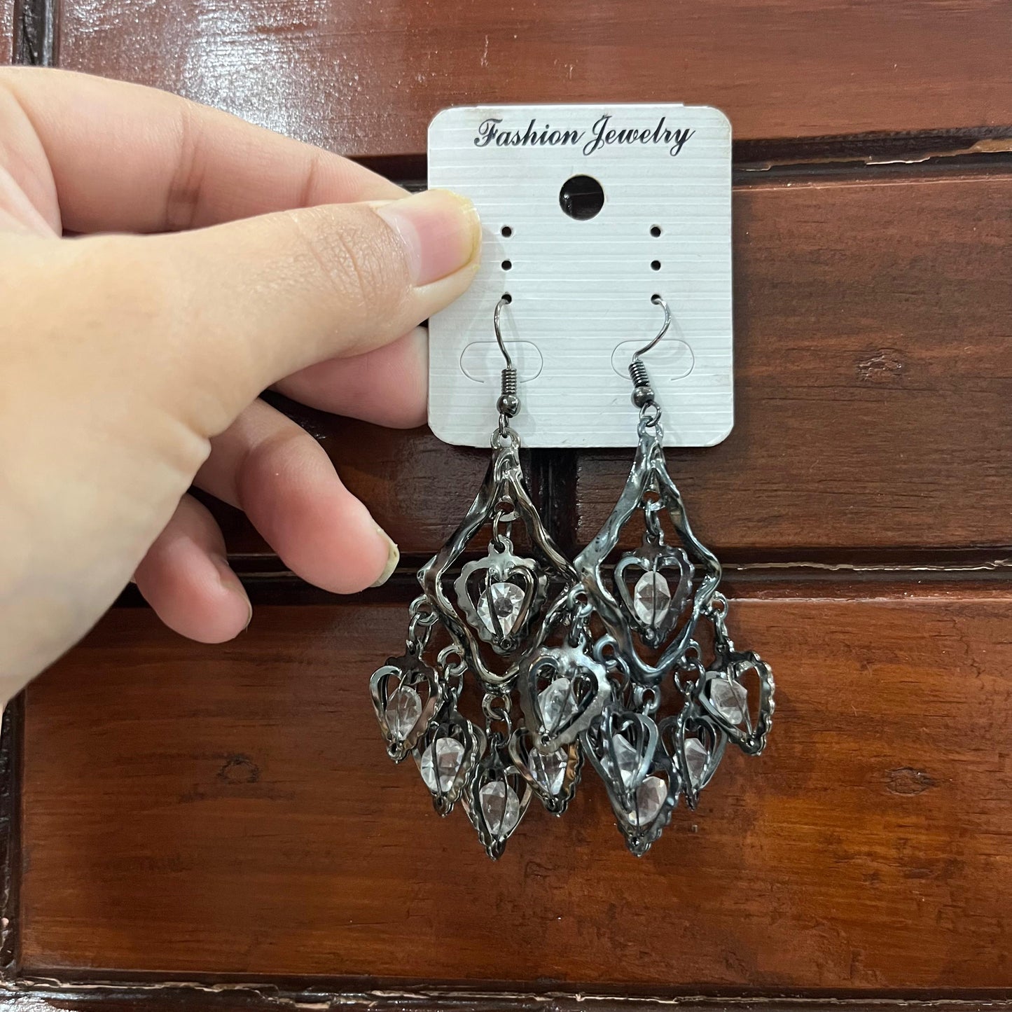 Black Tone Chandelier Earrings with Caged Crystals