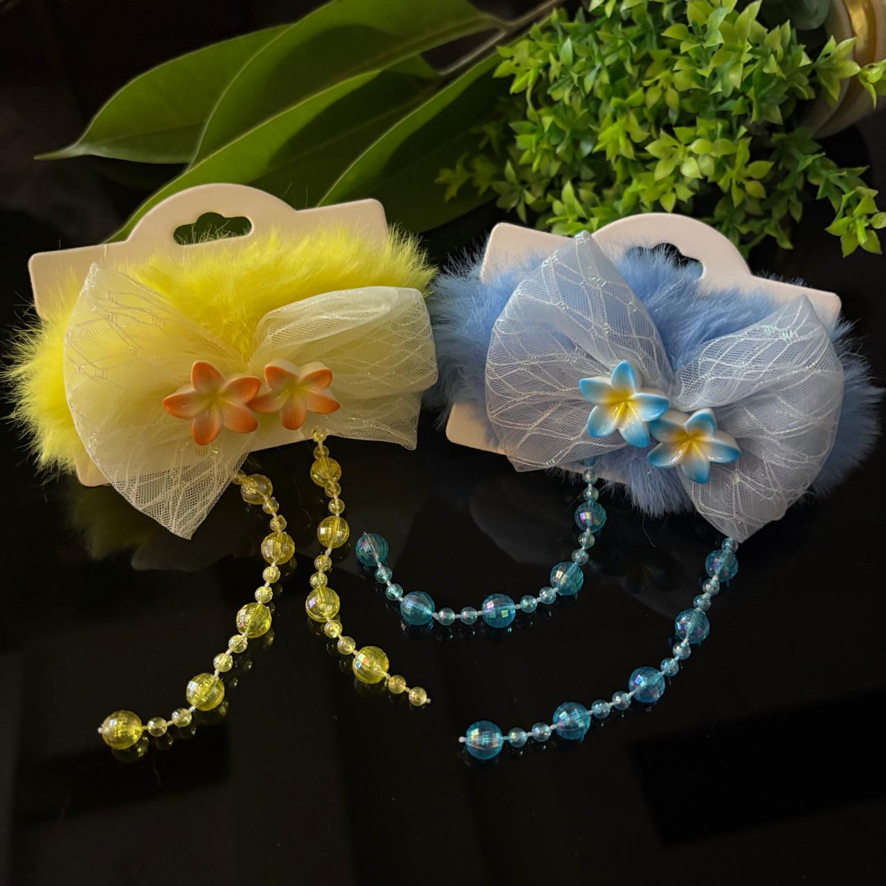 Set of 2: Fluffy Flower Bow Hair Clips with Dangling Crystal Beads (Yellow & Blue)