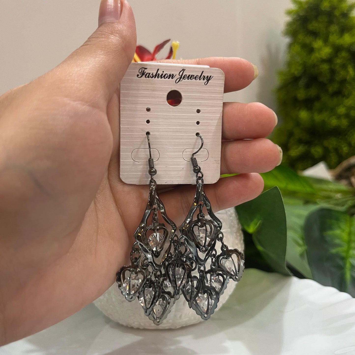 Luxury Chandelier Drop Earrings with Gunmetal Tone & Crystal Hearts