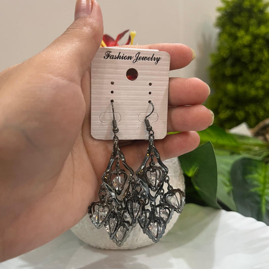 Luxury Chandelier Drop Earrings with Gunmetal Tone & Crystal Hearts