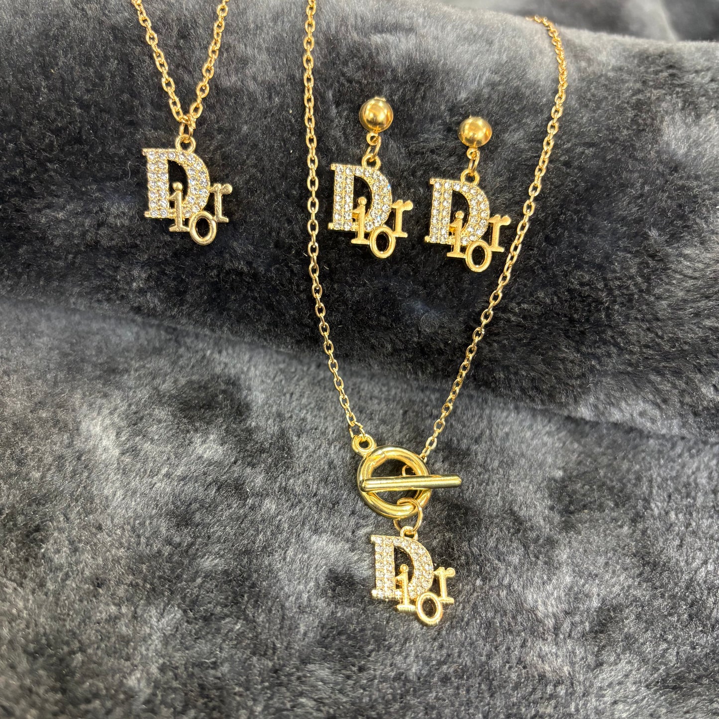 Luxury Gold-Toned Pave DIOR Style 4-in-1 Jewelry Set .