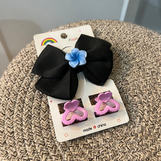 Elegant Black Bow & Heart Clip Set