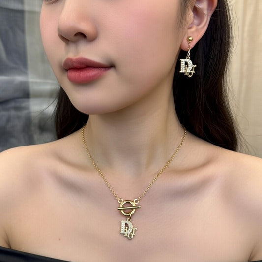 Luxury Gold-Toned Pave DIOR Style 4-in-1 Jewelry Set .