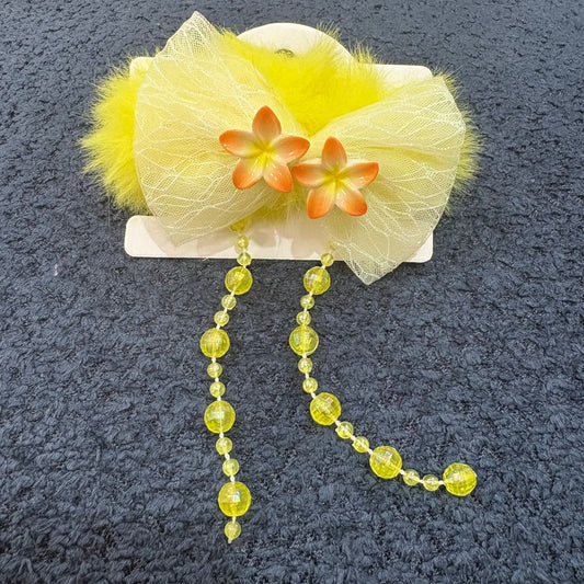 Sunshine Yellow Fluffy Bow Hair Clip with Flowers & Beaded Droplets