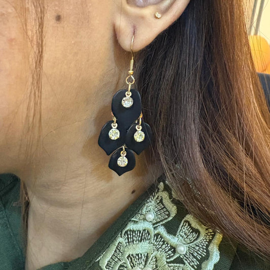 Chic Matte Black Petal/Leaf Dangle Earrings with Gold & Crystal Accents
