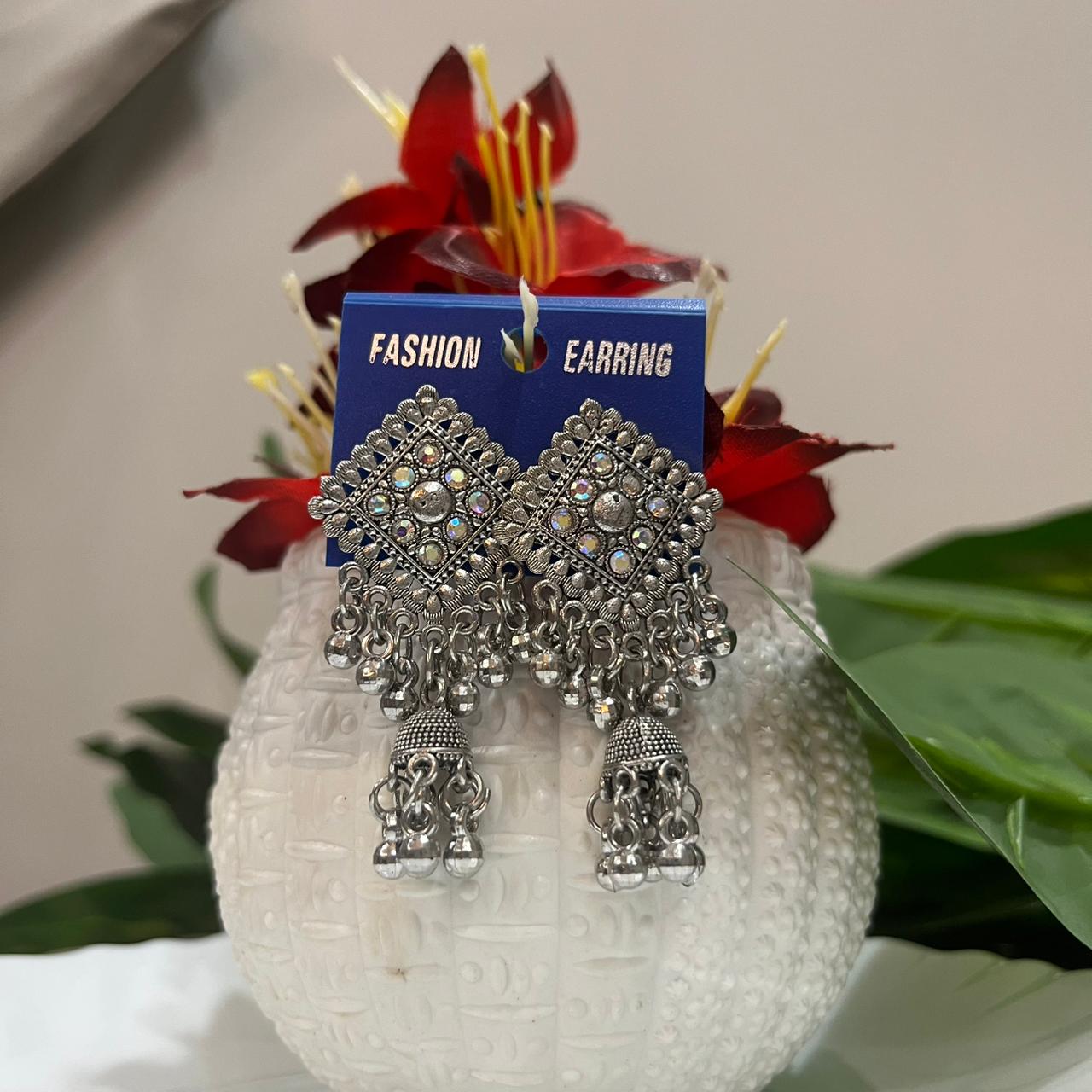 Intricate Silver Oxidized Dangler Earrings with Stone-Studded Top