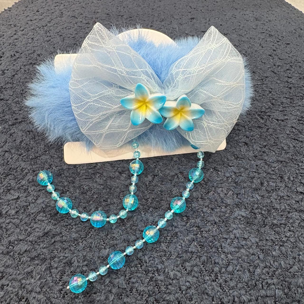 Sky Blue Fluffy Bow Hair Clip with Flowers and Sparkling Beaded Droplets