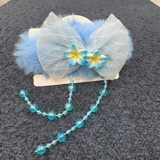 Sky Blue Fluffy Bow Hair Clip with Flowers and Sparkling Beaded Droplets