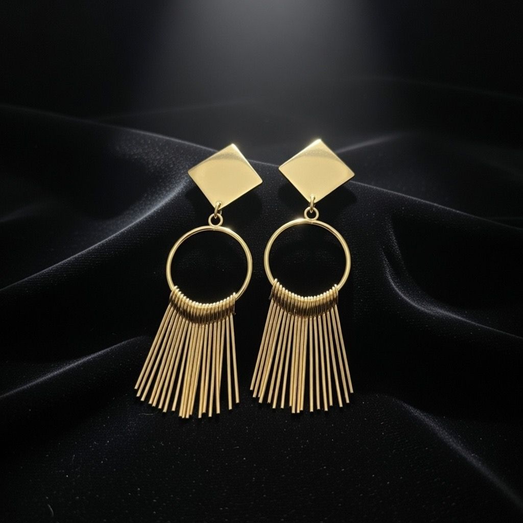 Golden Geometric Tassel Drop Earrings – Luxury Statement Fringe Hoops