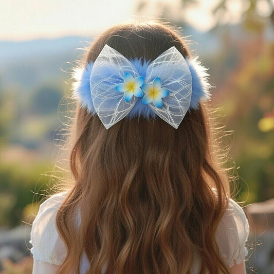 Sky Blue Fluffy Bow Hair Clip with Flowers and Sparkling Beaded Droplets
