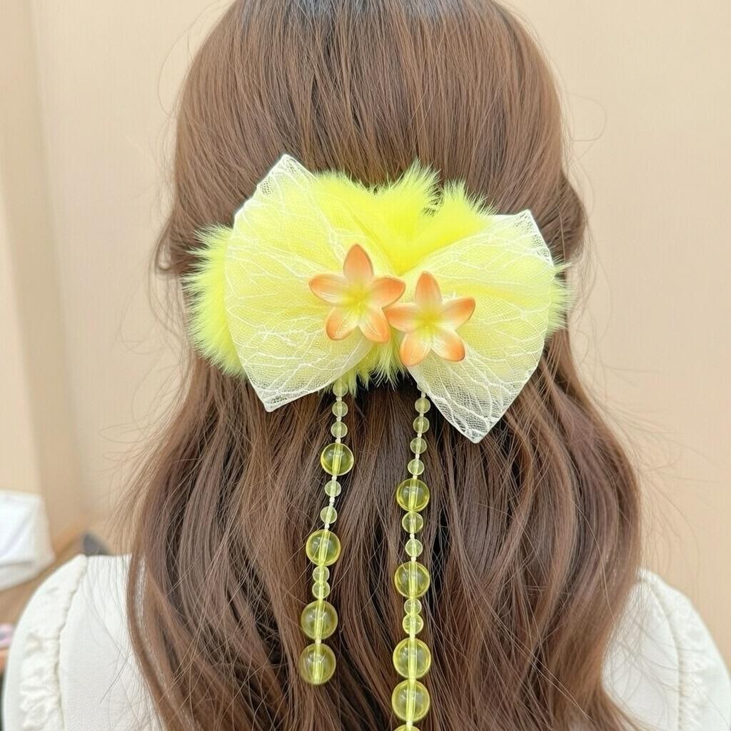 Sunshine Yellow Fluffy Bow Hair Clip with Flowers & Beaded Droplets