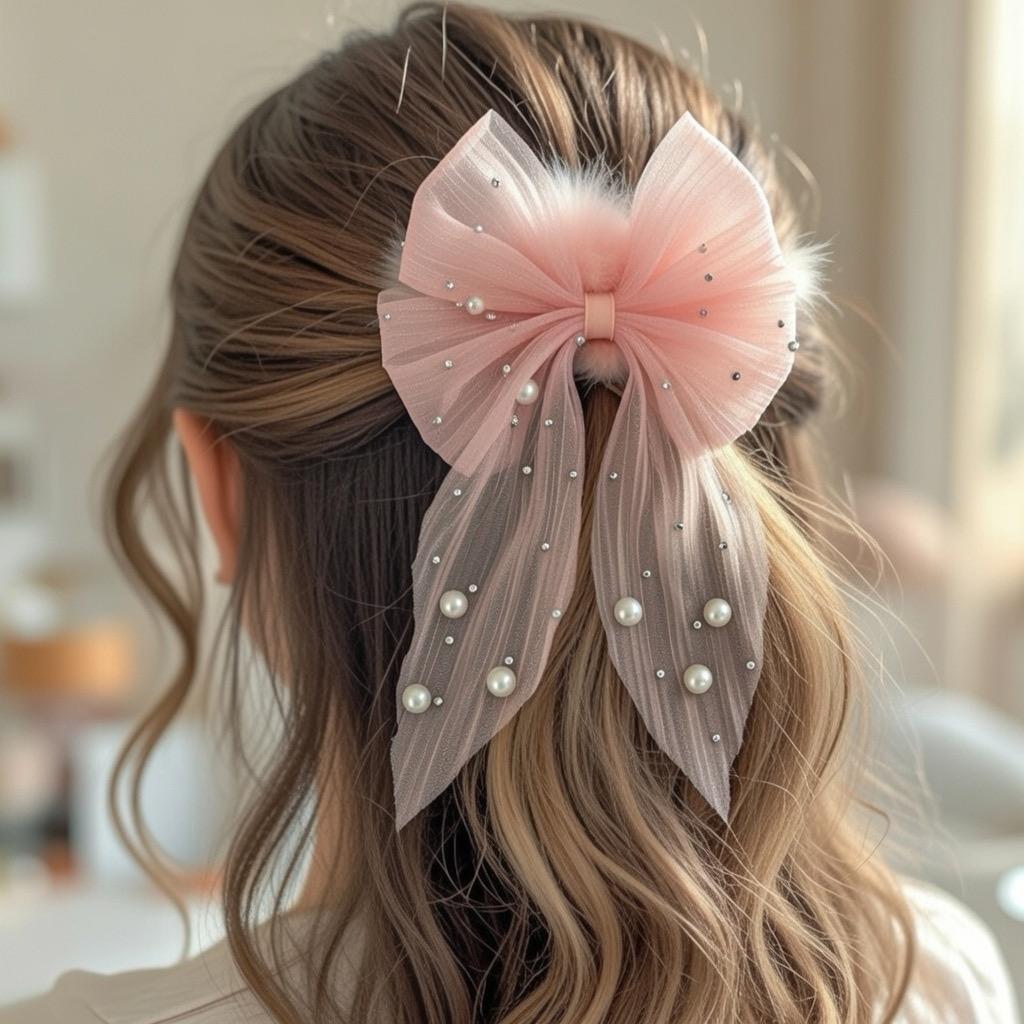 Delicate Pink Net Bow Hair Clip with Pearls and Rhinestones