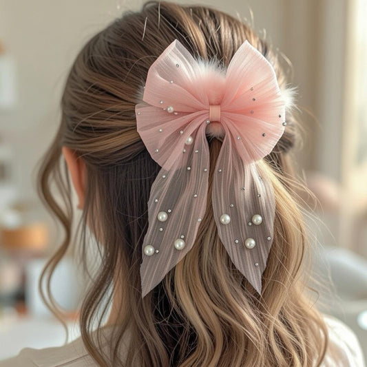 Delicate Pink Net Bow Hair Clip with Pearls and Rhinestones