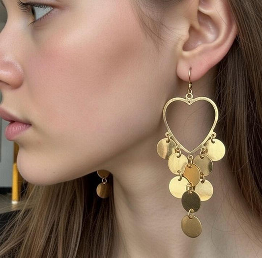 Bohemian Heart Hoop Dangle Earrings with Gold Tone