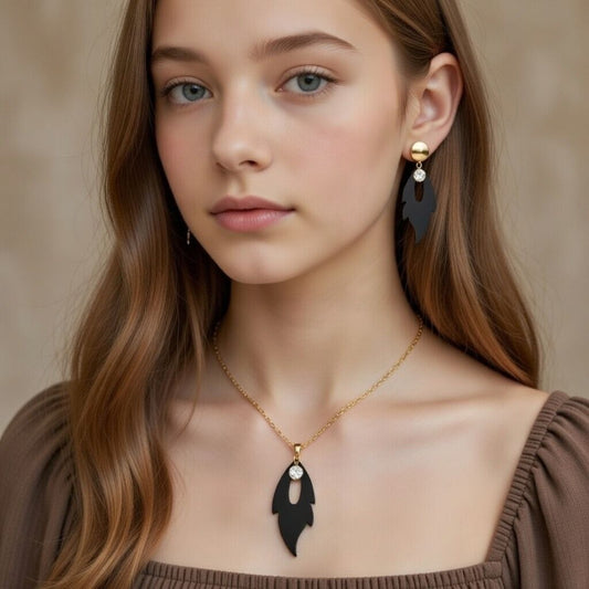 Black and Gold Feather/Leaf Pendant 3-Piece Jewelry Set