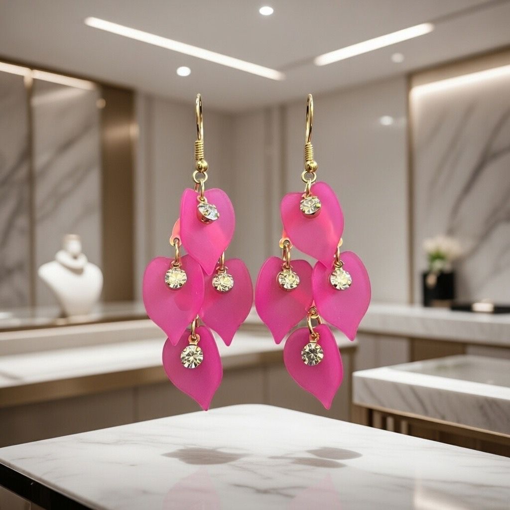 Vibrant Hot Pink Cascading Petal Dangle Earrings with Crystal Accents