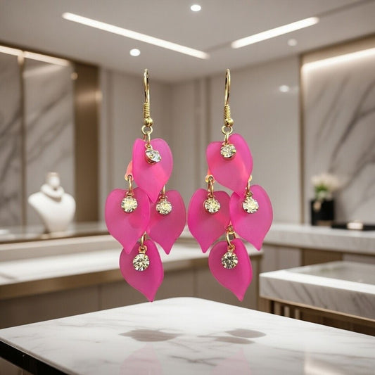 Vibrant Hot Pink Cascading Petal Dangle Earrings with Crystal Accents