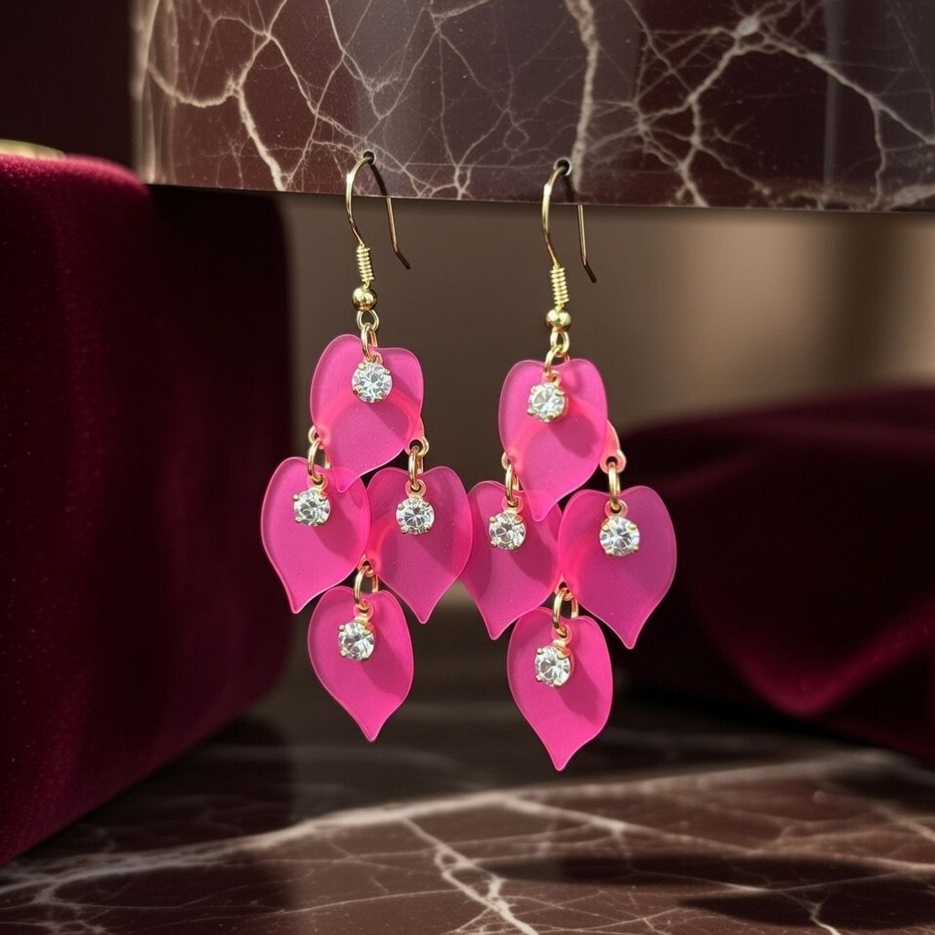 Vibrant Hot Pink Cascading Petal Dangle Earrings with Crystal Accents