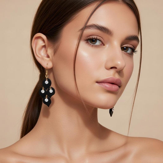 Chic Matte Black Petal/Leaf Dangle Earrings with Gold & Crystal Accents