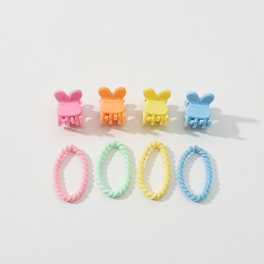 Pastel Bunny Hair Clips & Soft Elastic Bands Set (8 Pcs)