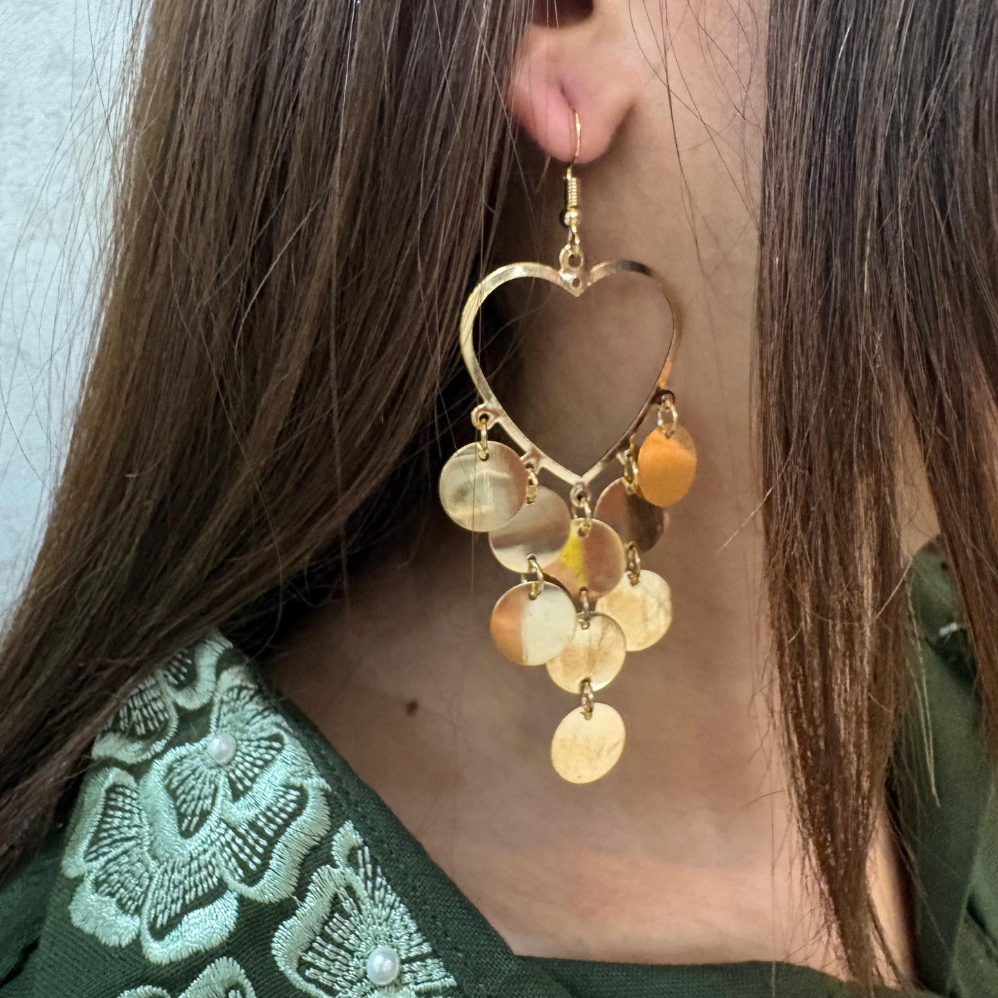 Bohemian Heart Hoop Dangle Earrings with Gold Tone