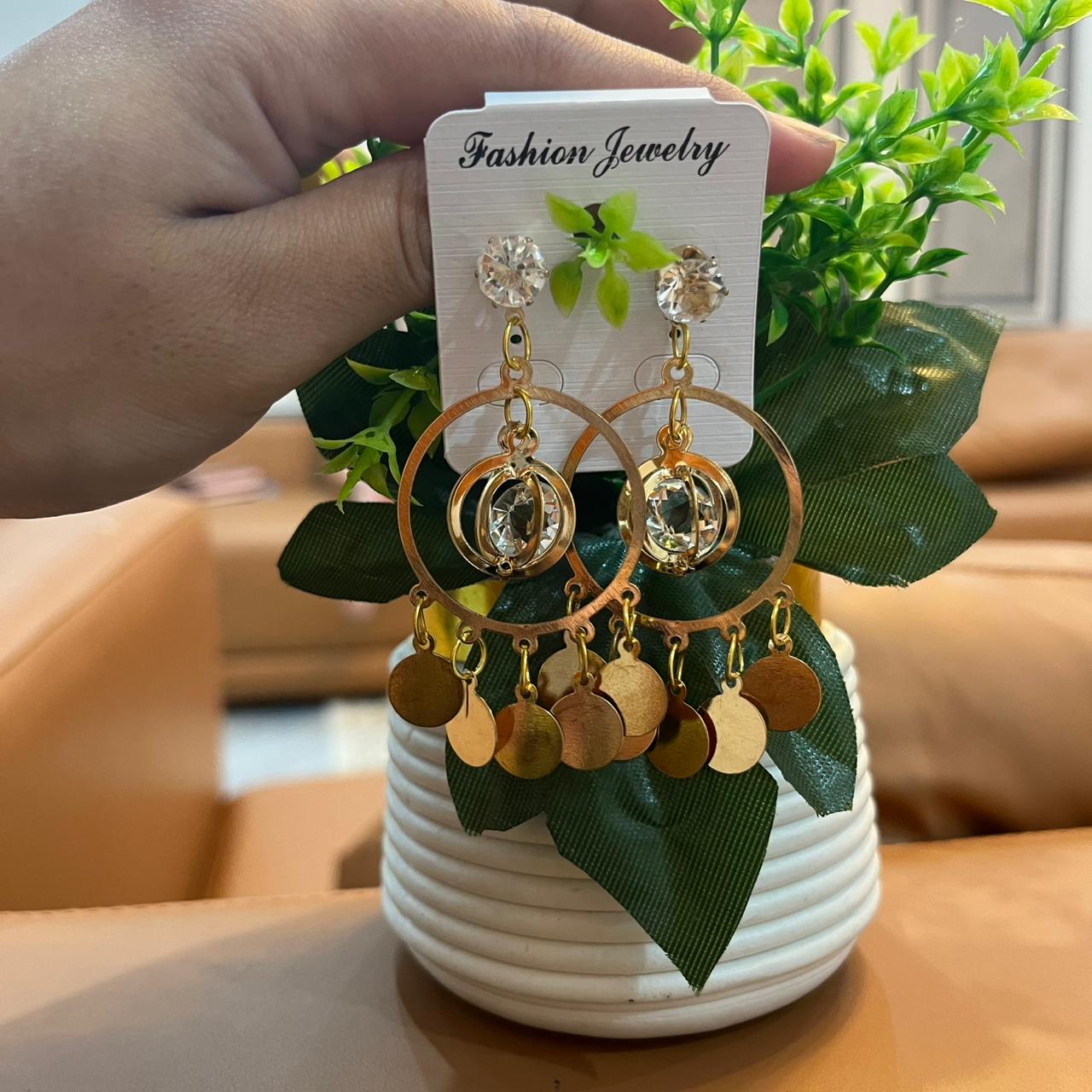 Bohemian Golden Hoop Earrings with Crystal Cage & Coin Charms