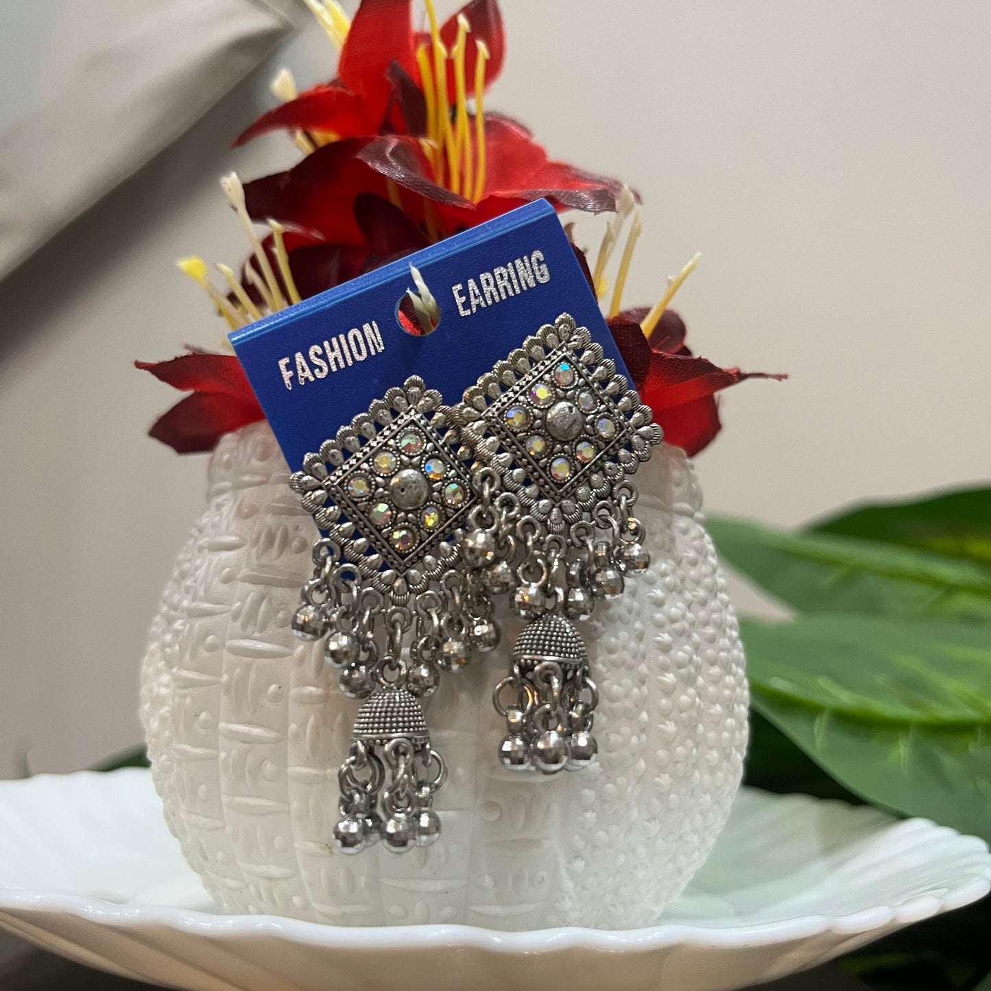 Intricate Silver Oxidized Dangler Earrings with Stone-Studded Top