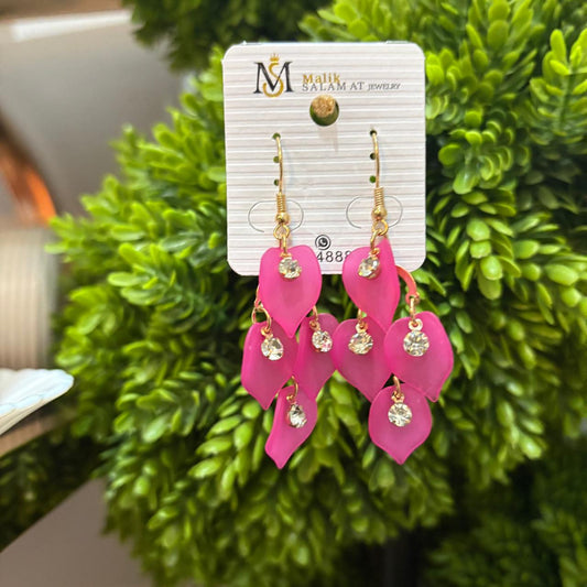 Vibrant Hot Pink Cascading Petal Dangle Earrings with Crystal Accents