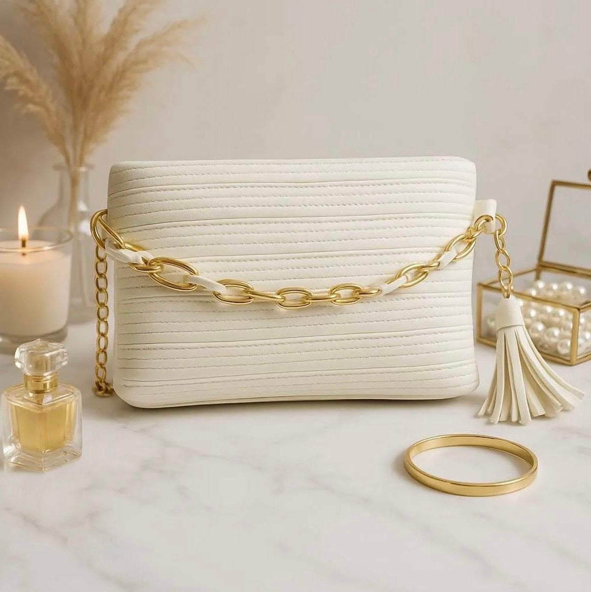 Elegant Ruched Evening Bag with Intertwined Gold Link Strap