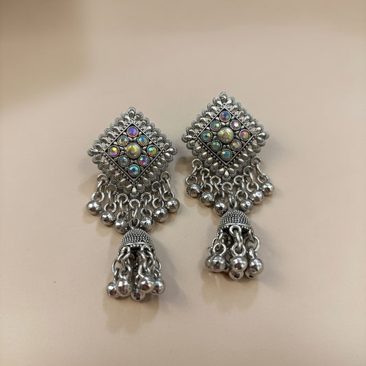 Intricate Silver Oxidized Dangler Earrings with Stone-Studded Top