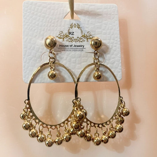 Large Golden Hoop Earrings with Suspended Ball Fringe
