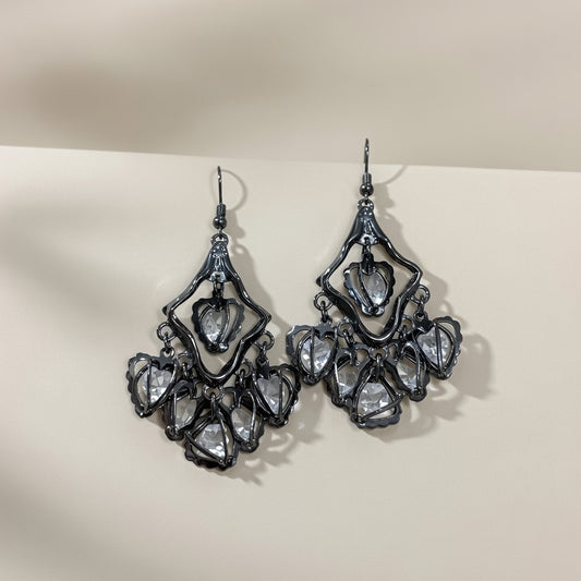 Luxury Chandelier Drop Earrings with Gunmetal Tone & Crystal Hearts